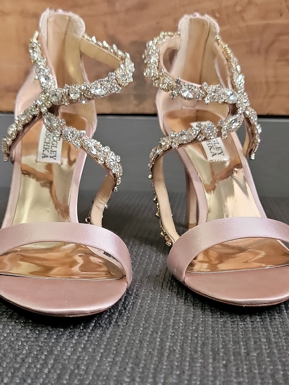 Badgley Mischka Pink Satin Crystal-Strap Open-Toe Heels